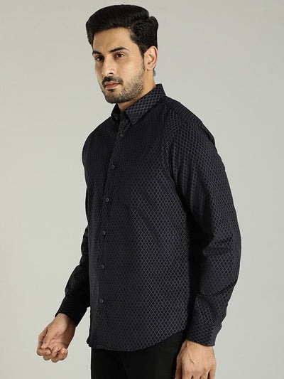Indian Terrain Men's Slim Fit Full Sleeve Printed Dark Blue Shirt